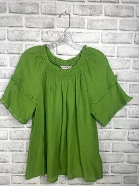 Nanette Lepore Green Smocked Blouse Small Ruffle Short Sleeve Top NWOT